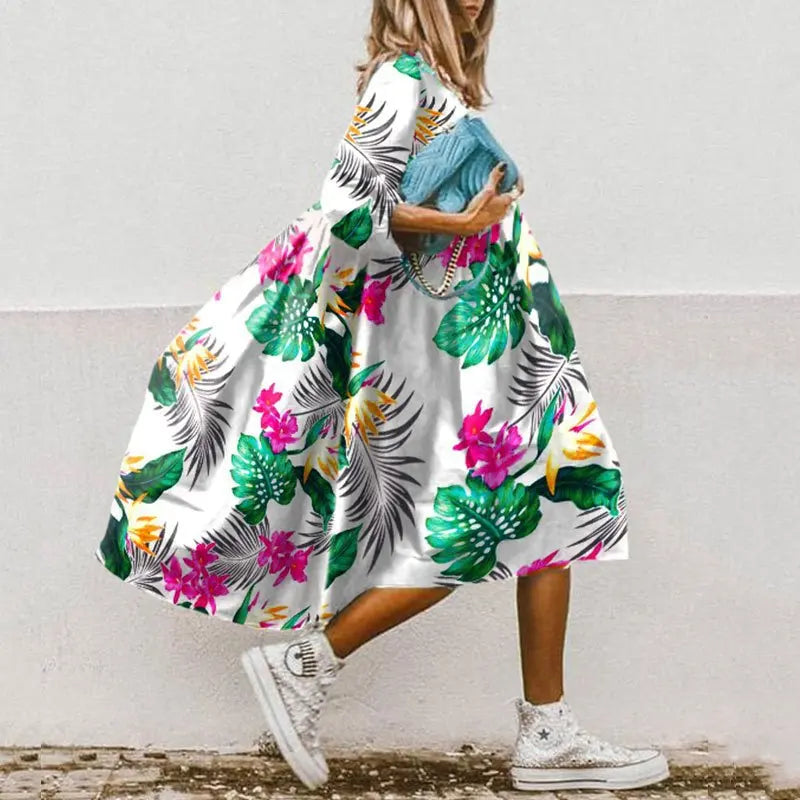 Women's New Summer Dress Round Neck Three-quarter Sleeve Fashion Printed Dress Bohemian Casual Loose Dress