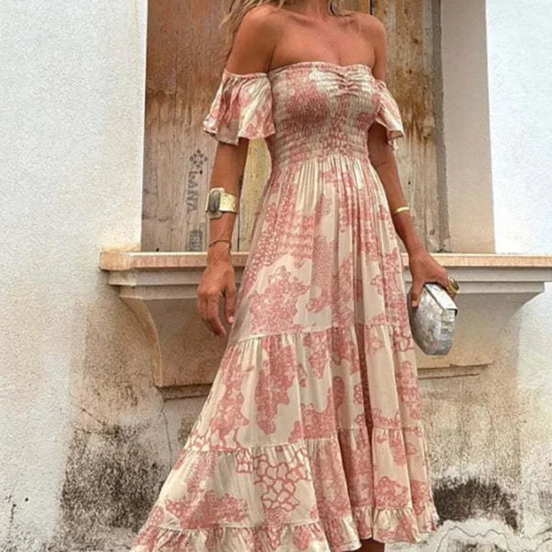 Lady Summer Chic One Shoulder Swing Bohemian Dress Women Graphic Party Dress 2024 Elegant Short Flare Sleeved Club A-line Dress