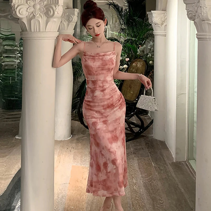 Women Pink Print Mesh Chic Diamonds Luxury Long Dress Summer Elegant Casual Sling Dress 2024 Boho Fashion Bodycon Holiday Dress