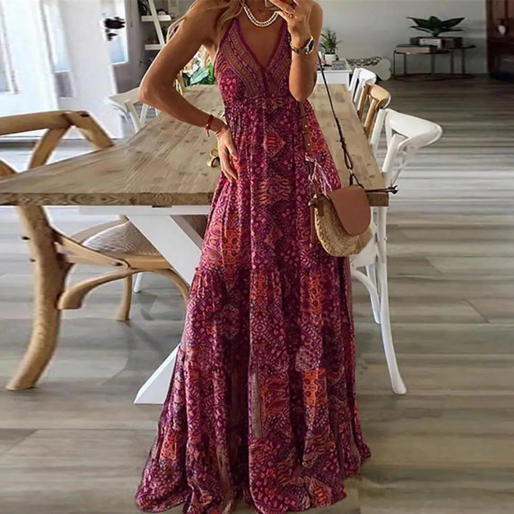 Stylish Boho Dress Loose Women  Women Dress Sleeveless Backless Deep V Neck Dress   for Vacation  Summer Dress