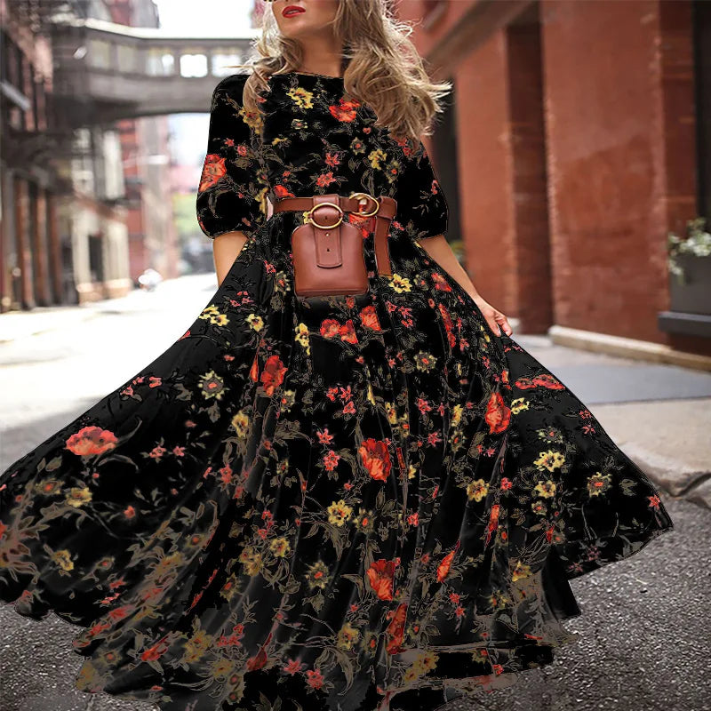 Spring Summer Vintage Floral Printed Maxi Dress Fashion Office Lady Fashion Elegant Long Sleeve O-neck Elegant Dresss For Women