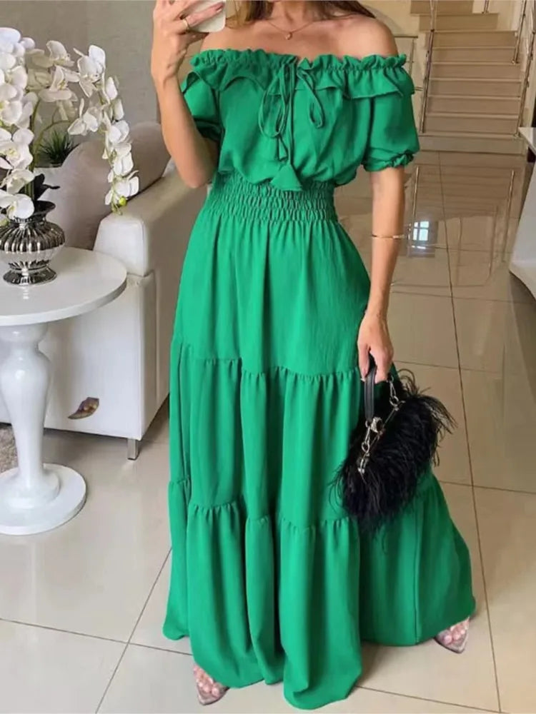 Summer Women Green Dress Fashion Elegant Short Sleeve Ruffles Maxi Casual Dresses Female Office Loose Dress New 2024 Vestidos