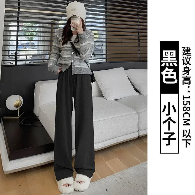 Knitted Pants Women Solid High-waisted Casual Trousers Wide Leg Loose All-match Daily Tender Simple Autumn Spring Lace-up Chic