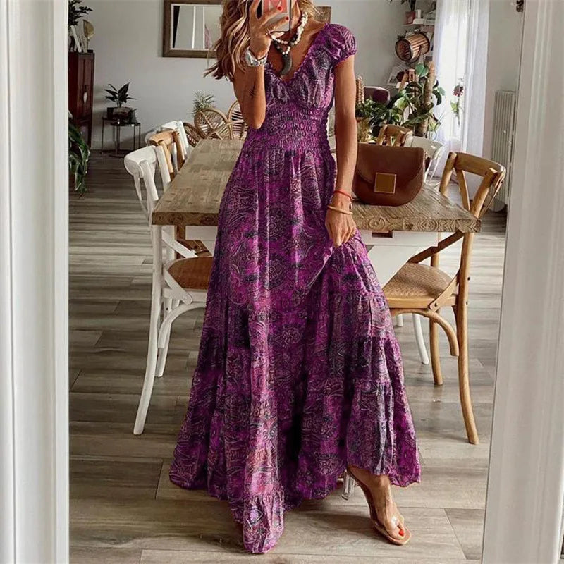 Women's Summer Bohemian Style 2024 New Dress With A Waistband Fashionable Floral Print Petal Sleeves Large Hem A-line Dress