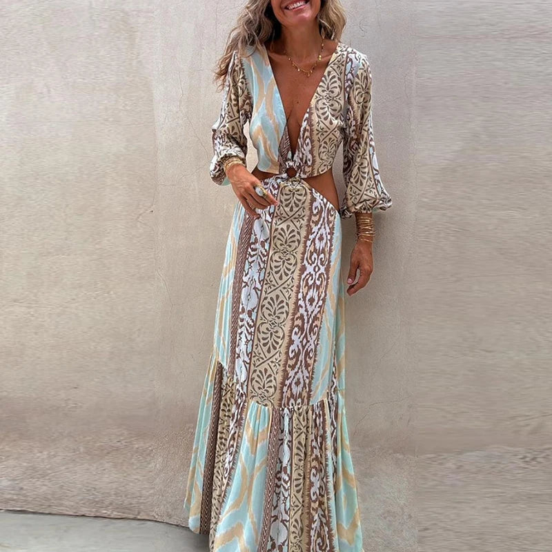 Women 2024 Waist Hollow Bohemian Dress Vintage Printed V-Neck Vacation Long Dress New Autumn Long Sleeve Backless A-line Dress