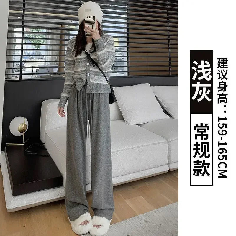 Knitted Pants Women Solid High-waisted Casual Trousers Wide Leg Loose All-match Daily Tender Simple Autumn Spring Lace-up Chic