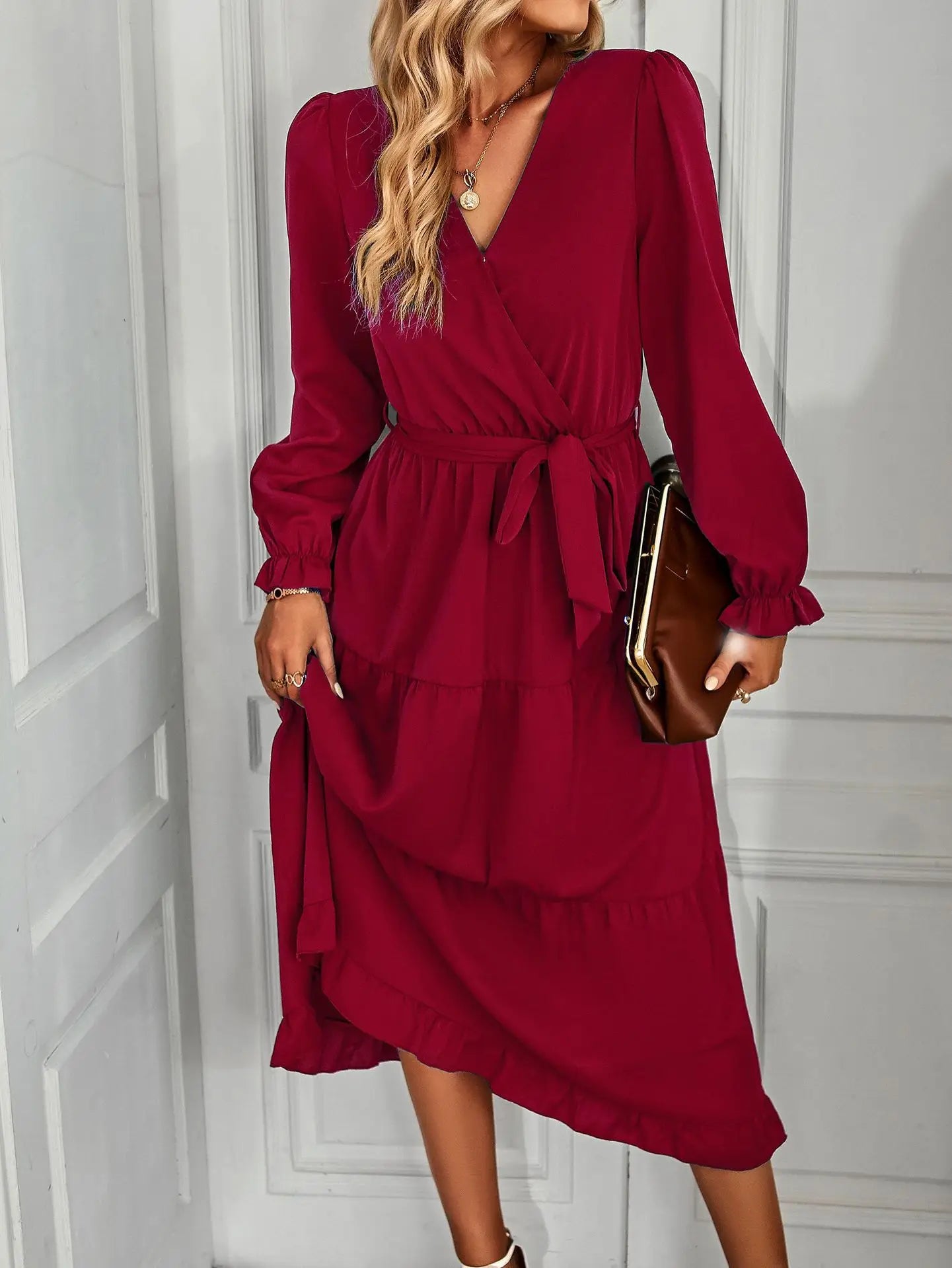 Elegant Women Pink Autumn Long Dresses V Neck Long Sleeve Ruffles Hem Lace Up Wine Red Party Evening Maxi Dress Vestidos Robes