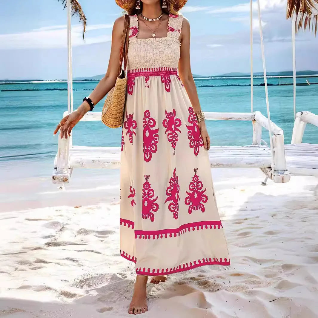 Bohemian Long Dress Summer Loose Holiday Dress Women Casual Sleeveless A-Line Party Long Dress Boho Casual Midi Dress Vestidos