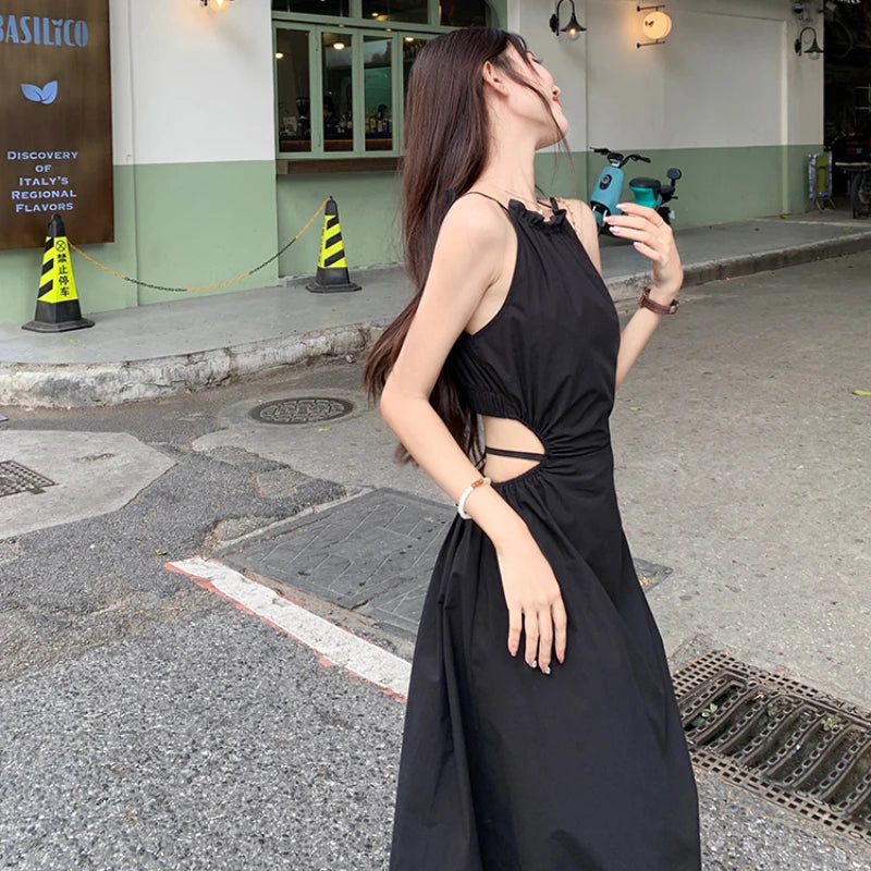 Women Backless Dresses Lace Up Bohemian Holiday Tassel Sleeveless Off-shoulder Summer Elegant Temperament Trendy Chill Korean