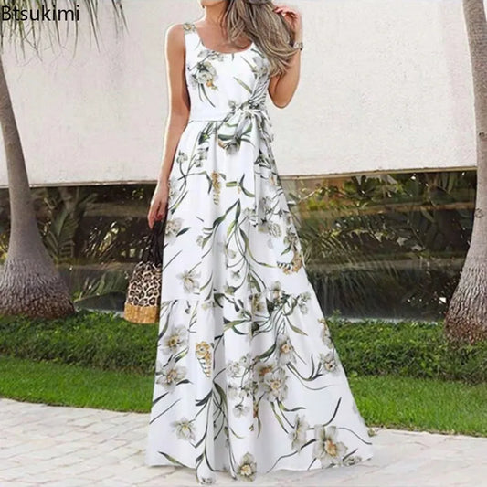 2024 Women's Summer Sleeveless Print Long Dresses Bohemian Slim Lace Up Big Hem Pleated Dress Vintage Vacation Maxi Dress Femme