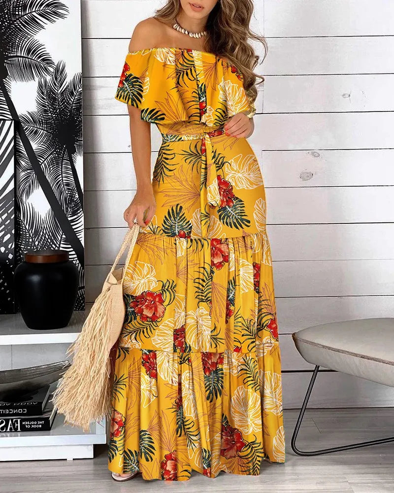 Women's Summer Ruffled Strapless Print Maxi Dress