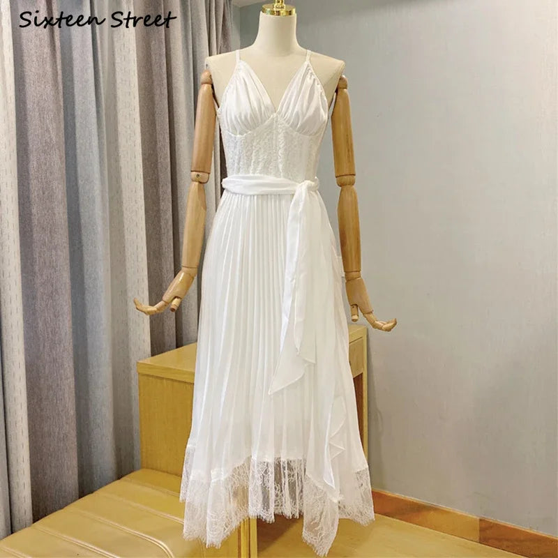 White Satin Woman's Dresses Vintage  Summer Beach High Waisted Pleated Maxi Dress Women Sleeveless A-line Satin Clothing