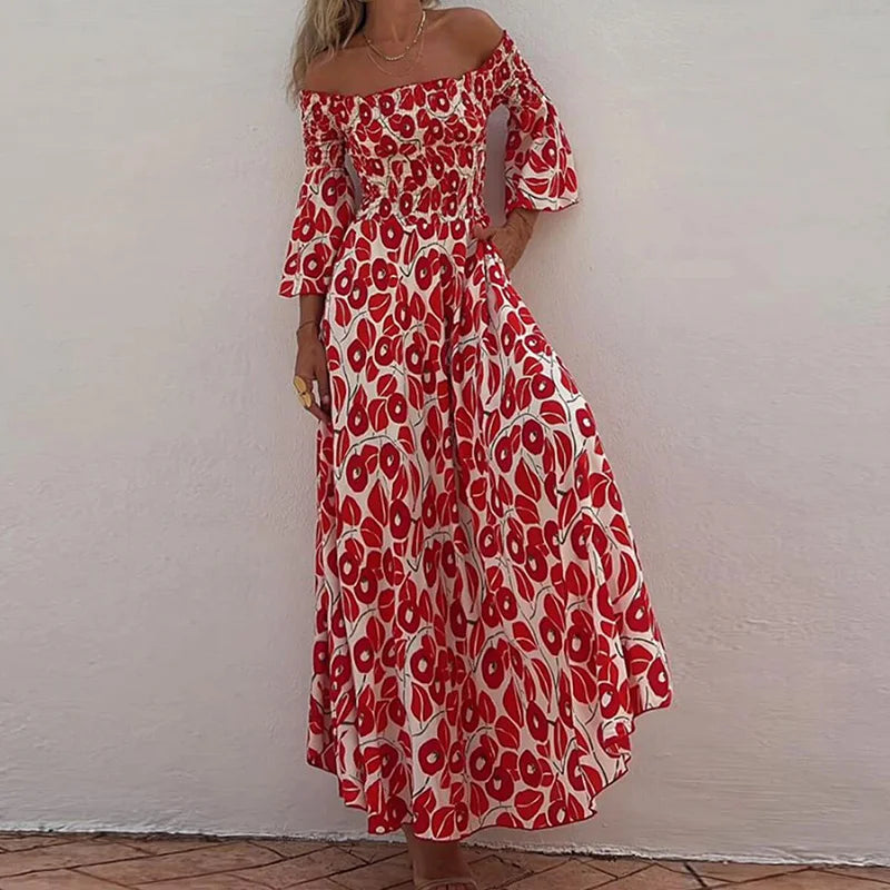 Fashion Printing Slash Neck Loungewear Dress, Women Spring Summer Flare Sleeve Backless Maxi Dress, Elegant Loose Ladies Dress