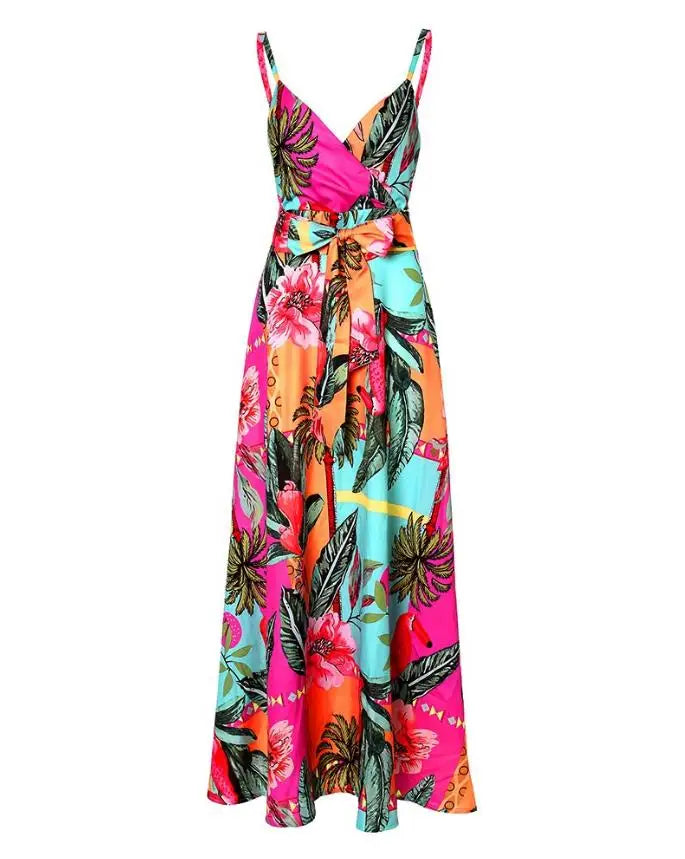 Women's Dress 2024 Summer Vacation Casual Boho Tropical Random Print V-Neck Sleeveless High Waist A Line Maxi Dress With Belt