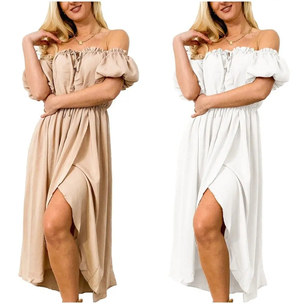 Casual Boho Short Sleeve Off Shoulder Renaissance Dress Lightweight Flattering Tie Front High Split Pleated Flowy Maxi Dress