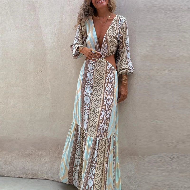 Women 2024 Waist Hollow Bohemian Dress Vintage Printed V-Neck Vacation Long Dress New Autumn Long Sleeve Backless A-line Dress