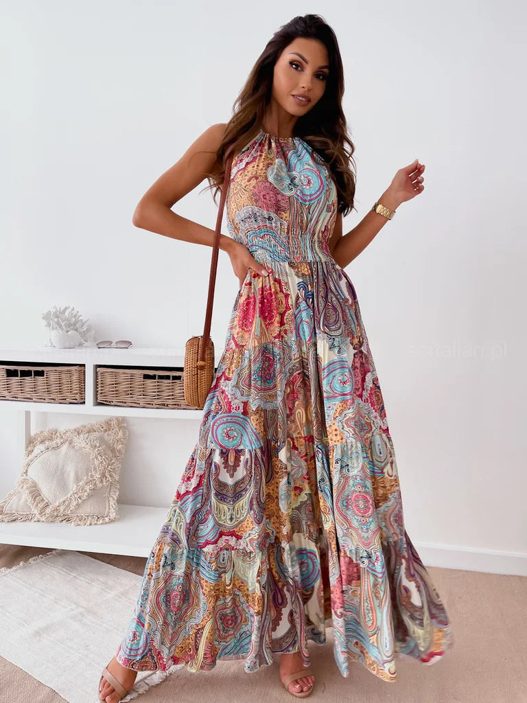 2024 New Women's Printed Tight Waist Fashion Dress Bohemian Open Back Beach Long Dress