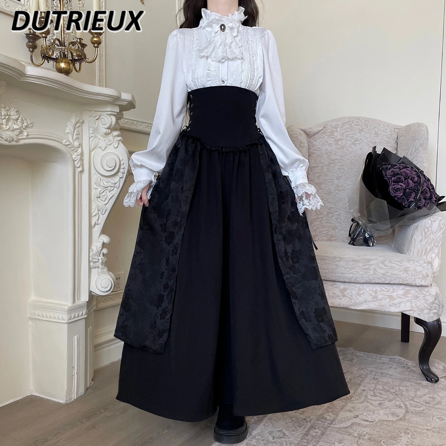 Gothic Lolita Sweet Lace-Up A-line Skirt Women's Autumn Winter Black High Waist Long Skirts and White Long Sleeve Shirt