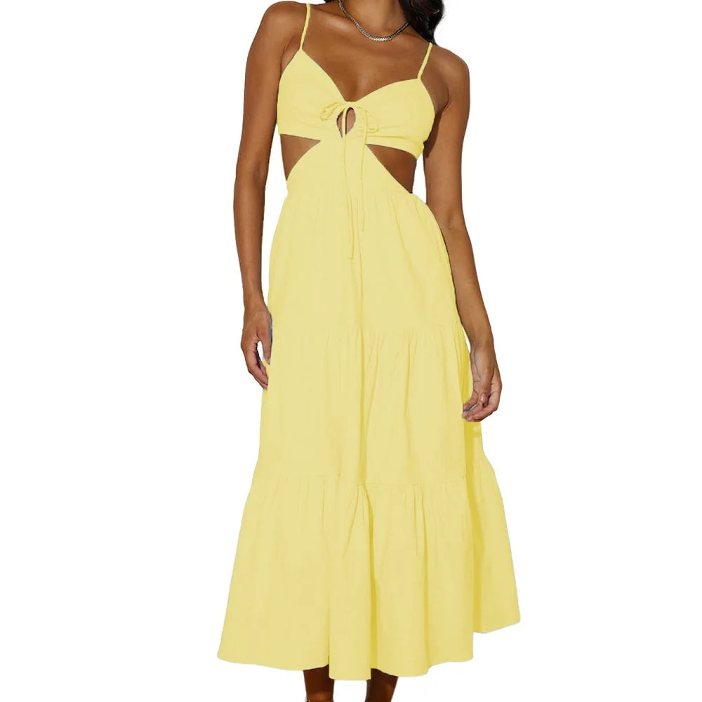 Women's Fashion Bohemian Dress Back Tie-up Spaghetti Strap V-Neck Cutout Beach Flowy Midi Cami Dress Sundress