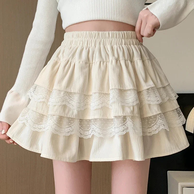 Cute Lace Mini Skirt for Women Spring Summer High-waisted A-line Pleated Elastic Waist Cake Skirt Sweet Style Clothing