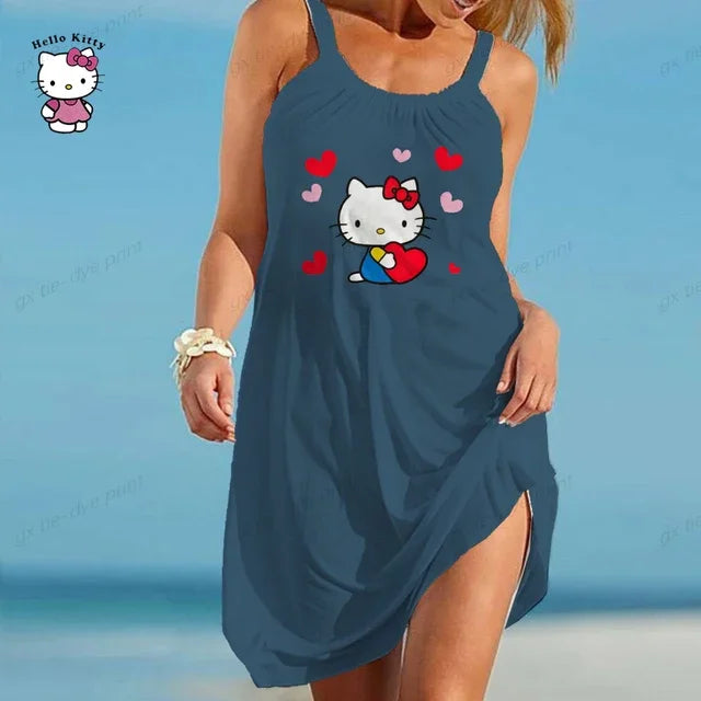 Hello Kitty Printed Vestidos Women Short Sleeves O Neck Midi Dresses A Line Bohemian Summer White Elegant Beach Dress