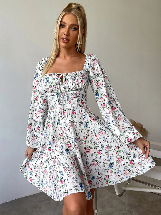 HTZMO  Pink Floral Dress Women Summer Mini Vestidos Lantern Long Sleeve Backless Zipper A-Line Robe Beach Casual Dresses 2021