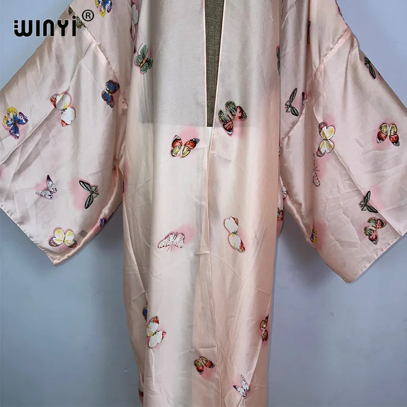 WINYI summer Africa Women Cardigan Butterfly printing Long Dress elegant Party Boho Maxi beach Holiday Cover Up Kimonos kaftan