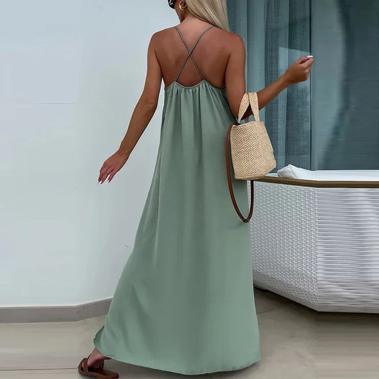 Summer Casual U-Neck Solid Long Dress Women Elegant Strap Split Vocation Dress 2024 Female Cross Backless Bohemian Beach Dress