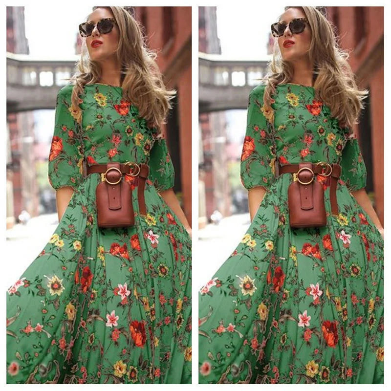 Spring Summer Vintage Floral Printed Maxi Dress Fashion Office Lady Fashion Elegant Long Sleeve O-neck Elegant Dresss For Women