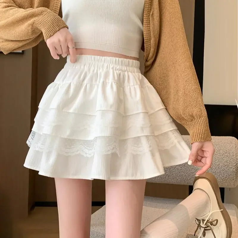 Cute Lace Mini Skirt for Women Spring Summer High-waisted A-line Pleated Elastic Waist Cake Skirt Sweet Style Clothing