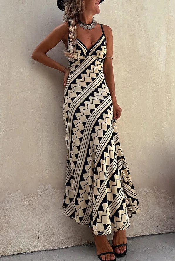 Bohemian Print Sleeveless Beach Dress, Casual Suspender Dress, Maxi Dress