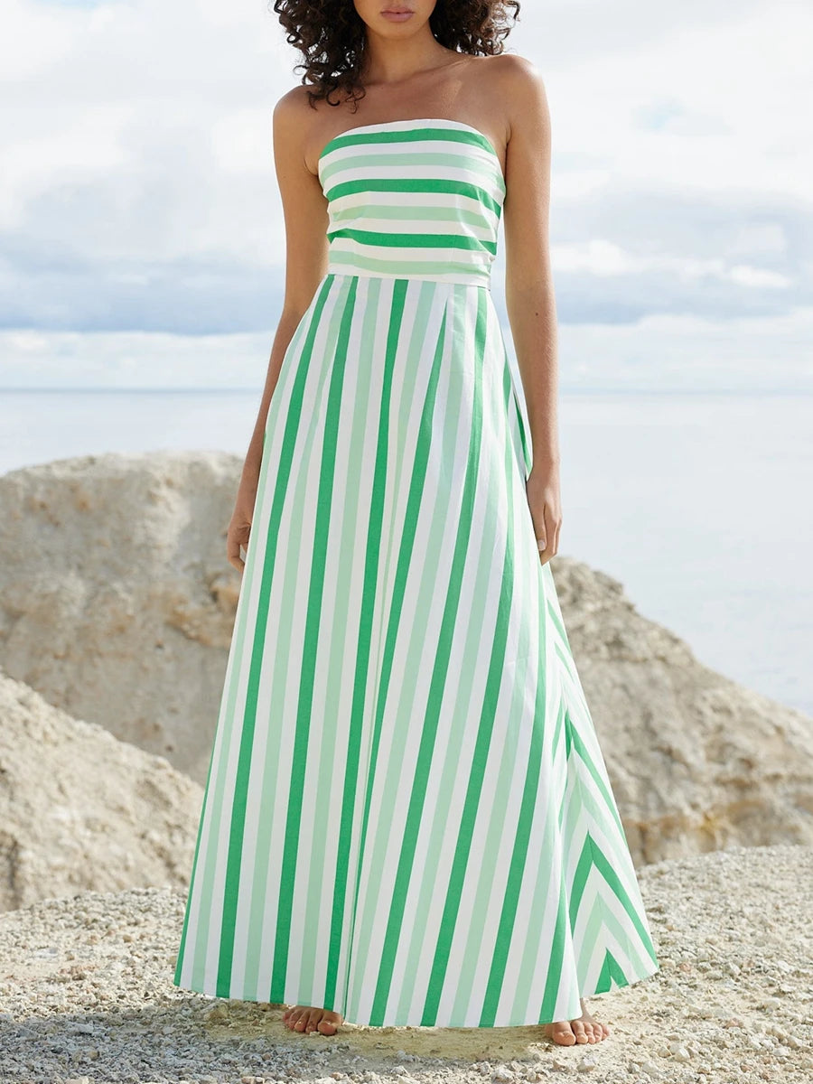 Women Striped Strapless Maxi Dress Print Off Shoulder Backless Tube Dress Ruffle Flowy Smocked A line Dress Beach Boho Style