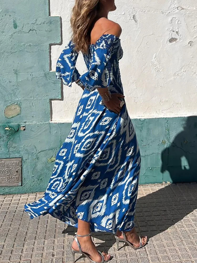 Fashion Printing Slash Neck Loungewear Dress, Women Spring Summer Flare Sleeve Backless Maxi Dress, Elegant Loose Ladies Dress