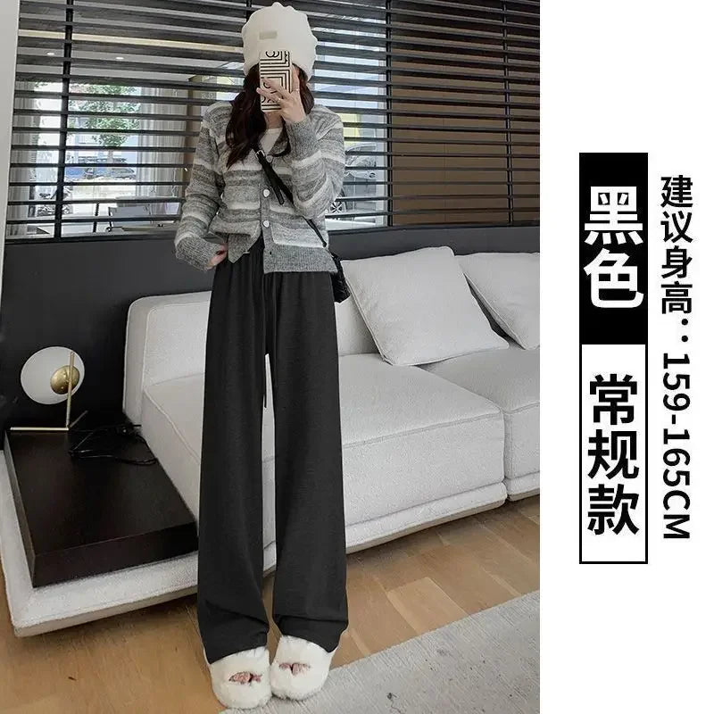 Knitted Pants Women Solid High-waisted Casual Trousers Wide Leg Loose All-match Daily Tender Simple Autumn Spring Lace-up Chic