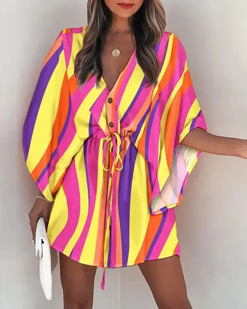 Women Summer Clothing Flying Sleeves V-neck Lace Up Floral Printed Beachwear Waisted Button Up Loose Geometric Dresses 3xl