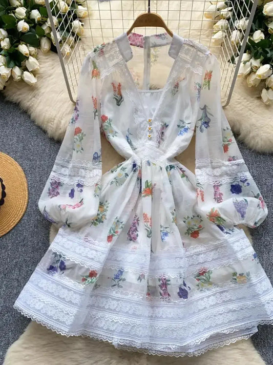 French Retro Women Black White Print Lace Patchwork Elegant Slim Long Sleeve Short Dress And Slip Dresses New Spring Autumn Boho