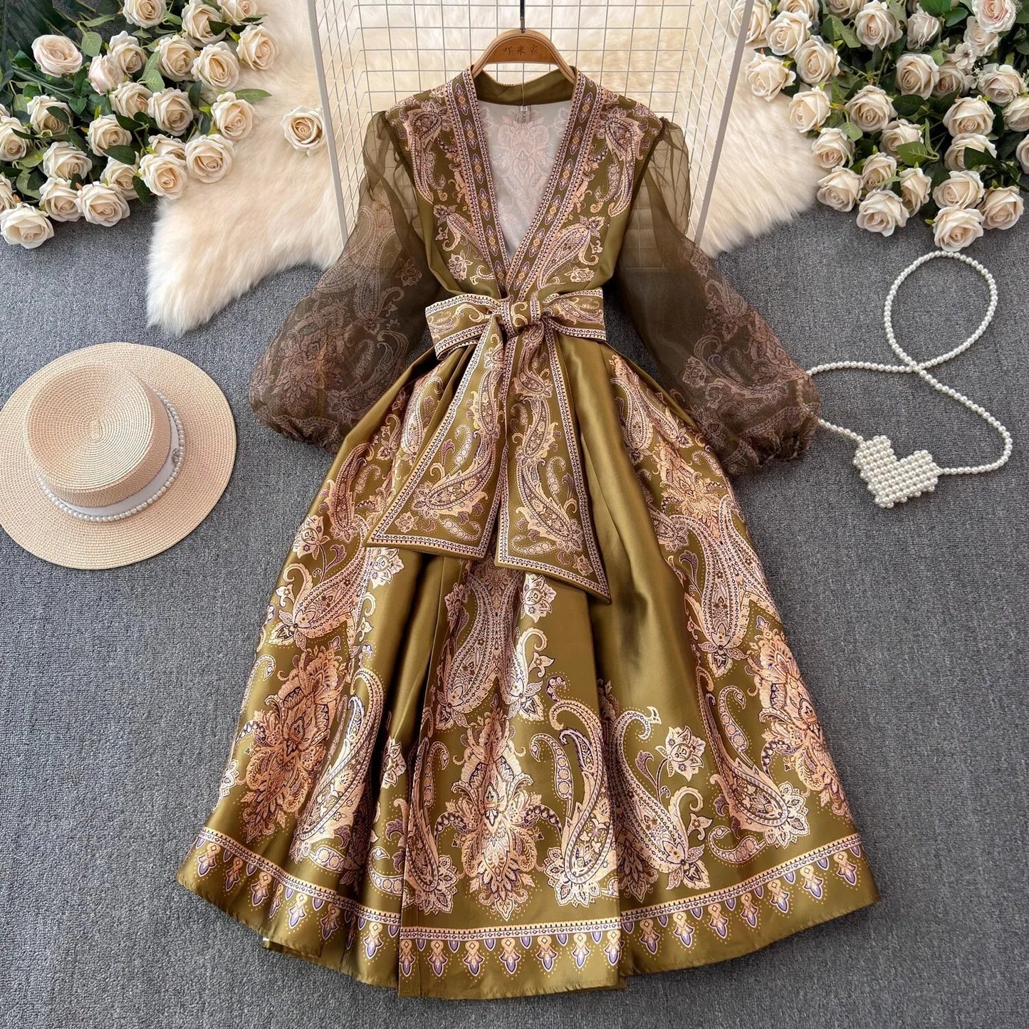 JAMERARY Floral Long Dresses Women Summer Bohemian Short Puff Sleeve Cross V Neck Flower Print Bandage Lace Up Robe Long Vestido