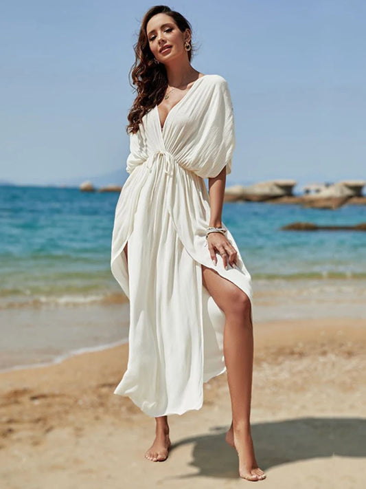 Jastie Summer Loose Plus Size Women's Dress Fashion V Neck Beach Vacation Slit Dresses For Women 2023bikini Swimsuit Outerwear