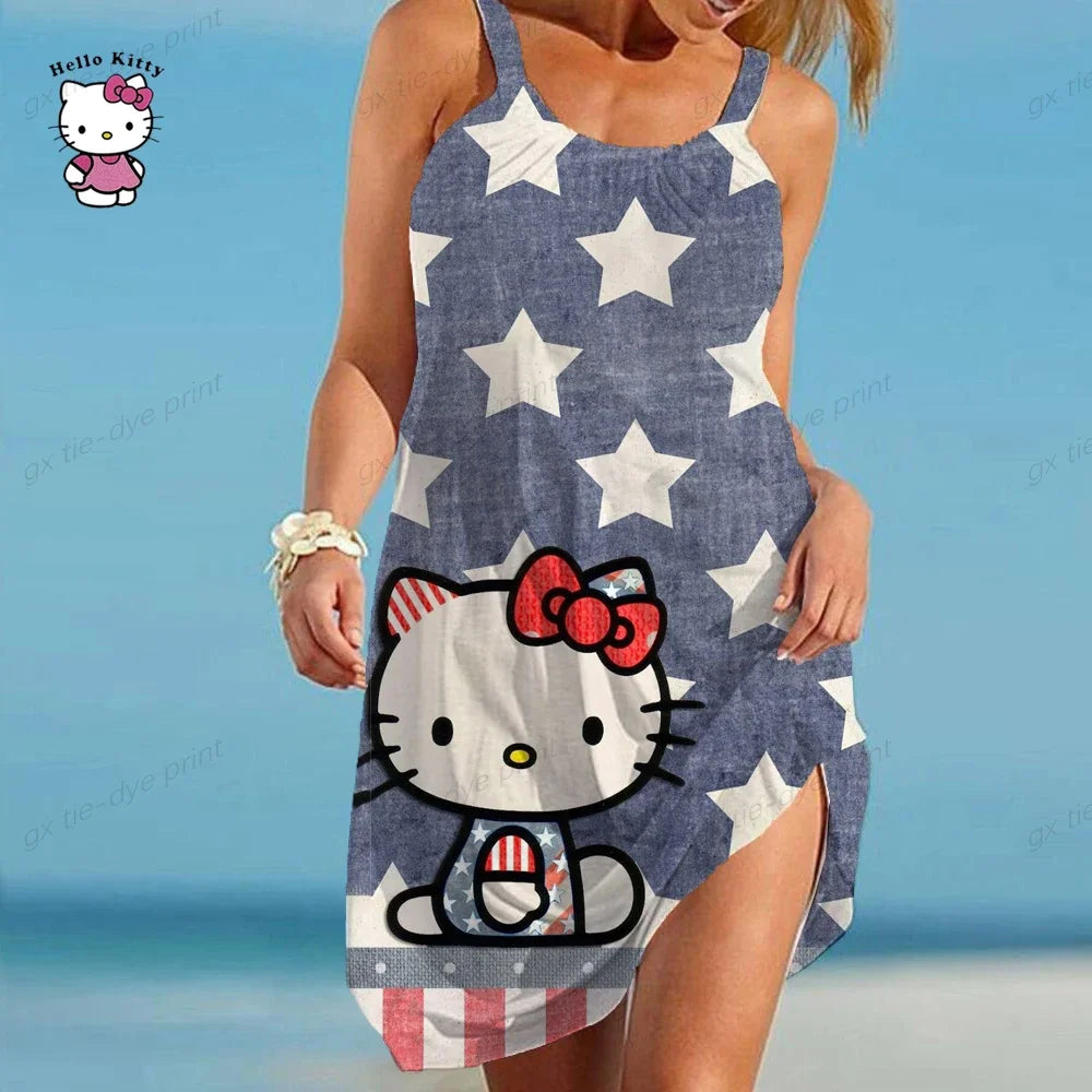 Hello Kitty Printed Vestidos Women Short Sleeves O Neck Midi Dresses A Line Bohemian Summer White Elegant Beach Dress