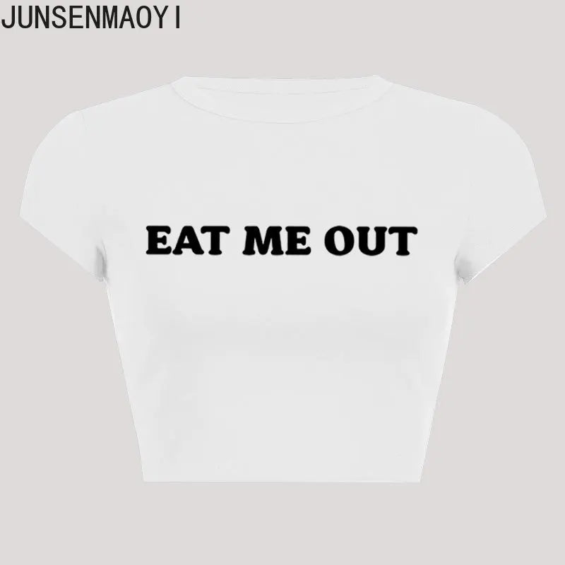 Eat Me Out Print Pattern Summer Short Sleeve O Neck Solid Color Cropped Navel Women Crop Tops Fashion T-Shirt