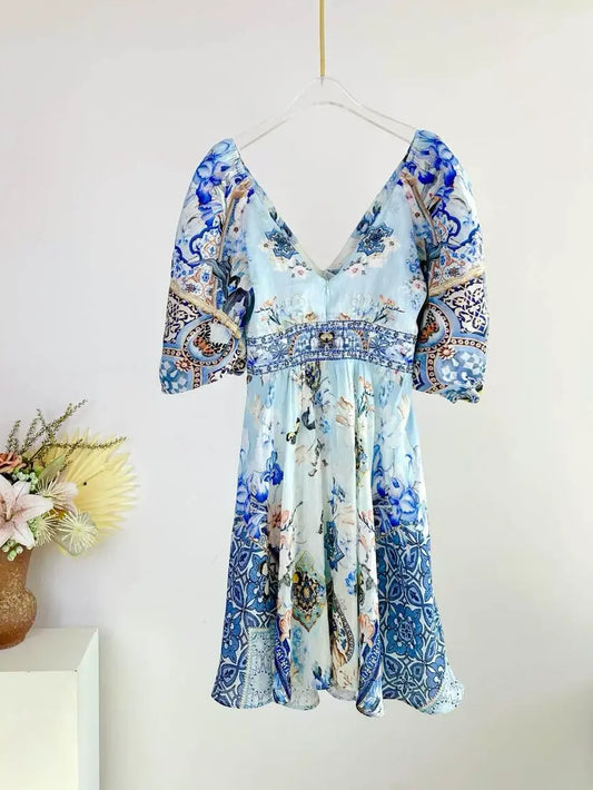 Flower Print Women's Silk Linen Mini Dress Heavy Beaded Cross V-Neck Puff Sleeve High Waist Fashion Ladies Short Robe