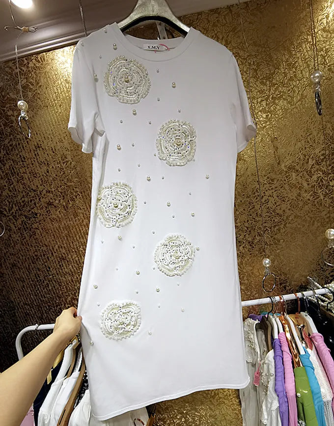 Fairy Pearls Diamonds Beaded Floral Long T-Shirts Dress Shining Rhinestones 3D Big Flowers Long Tees Dress Sequins Dress Vestido