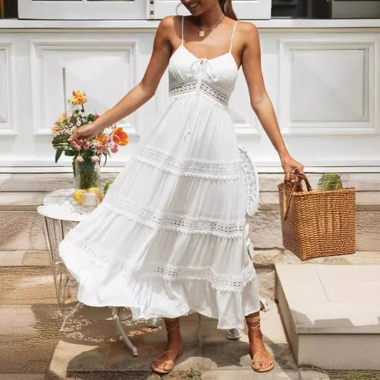 Women Vacation Style Dress Bohemian Slip Dresses Fashion Casual Lace Splicing Swing Skirt For Summer