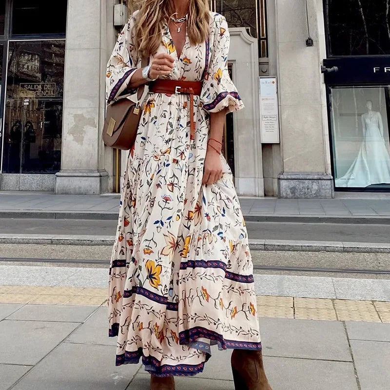 Wepbel High Waist Long Dress Summer Casual Fashion Printed Bohemian Maxi Dress Short Sleeve Women V-neck Streetwear Dress