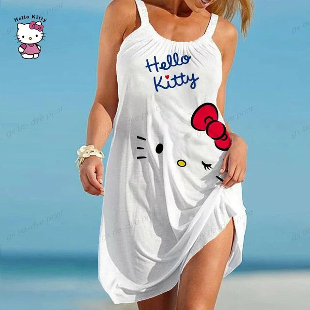 Hello Kitty Printed Vestidos Women Short Sleeves O Neck Midi Dresses A Line Bohemian Summer White Elegant Beach Dress