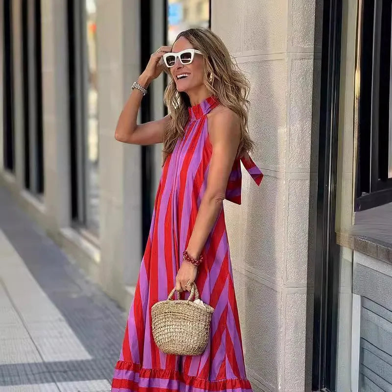 Stripe Print Halter Neck Long Dresses Women Fashion Backless Leace-up Casual Loose Vacation Style Dress Lady Commuting Vestidos