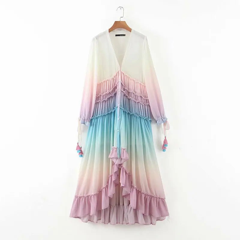 Women's Summer Bohemian Dress Printing Gradient Elegant Dress Patchwork Rainbow Color Party Dress Ruffles Sweet Vestidos