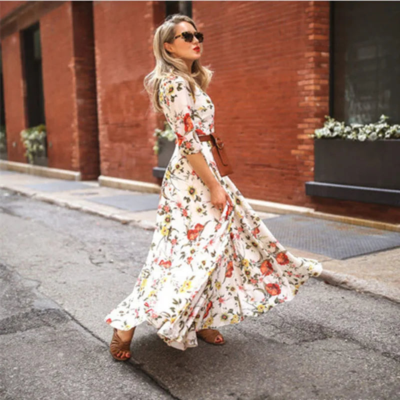 Spring Summer Vintage Floral Printed Maxi Dress Fashion Office Lady Fashion Elegant Long Sleeve O-neck Elegant Dresss For Women