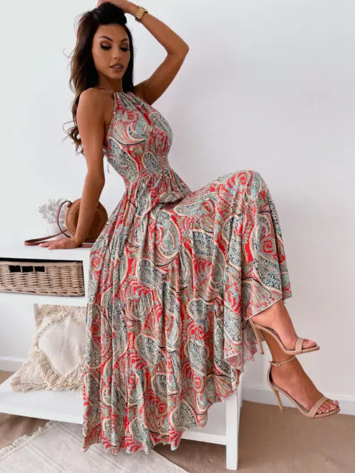 2024 New Women's Printed Tight Waist Fashion Dress Bohemian Open Back Beach Long Dress