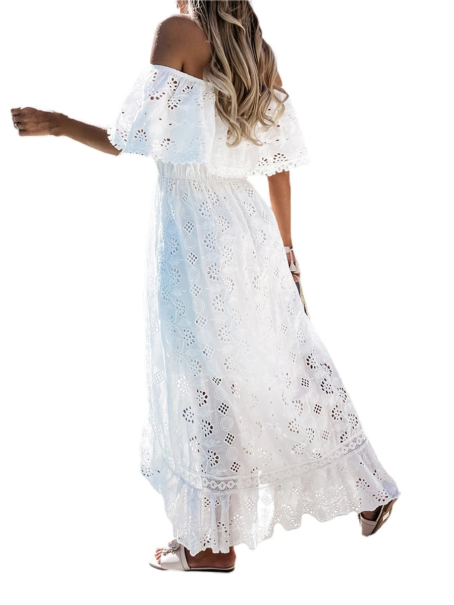 Women s Casual Dress Off Shoulder Short Sleeve Middle Waist Lace Embroidered Solid Color Irregular Dresses